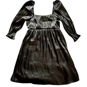 Blu Pepper Black Metallic Plisse Mini Dress Square Neck Puff Sleeve